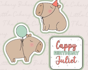 Capybara-verjaardagskoekjesuitsteker: label met reliëf, pet met hoed en ballon