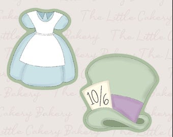 Alice Dress and Mad Hatter Hat Cookie Cutters: Set of Two, Embossed Label