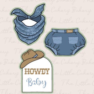 Howdy Baby Cookie Cutter Set of Three Western Cookie Cutters with Embossed Label, Cutting Edge, and Smooth Rounded Handle