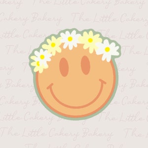 Smiley Face Cookie Cutter- Flower Crown Smiley Face Cookie Cutter with Embossed Label and Smooth Rounded Handle