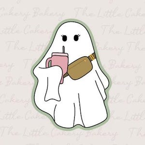 STL インスタント デジタル ダウンロード カップとバッグ付きのブージー ゴースト、エンボス加工のラベルと滑らかな丸いハンドル付きのブージー ハロウィン クッキー カッター