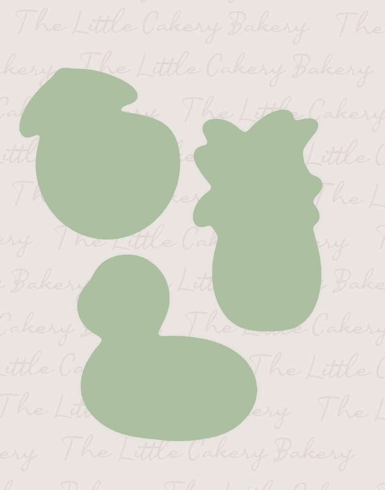 May include: Three cookie cutters in the shape of a duck, a pineapple, and a pear. The cookie cutters are a light green color.