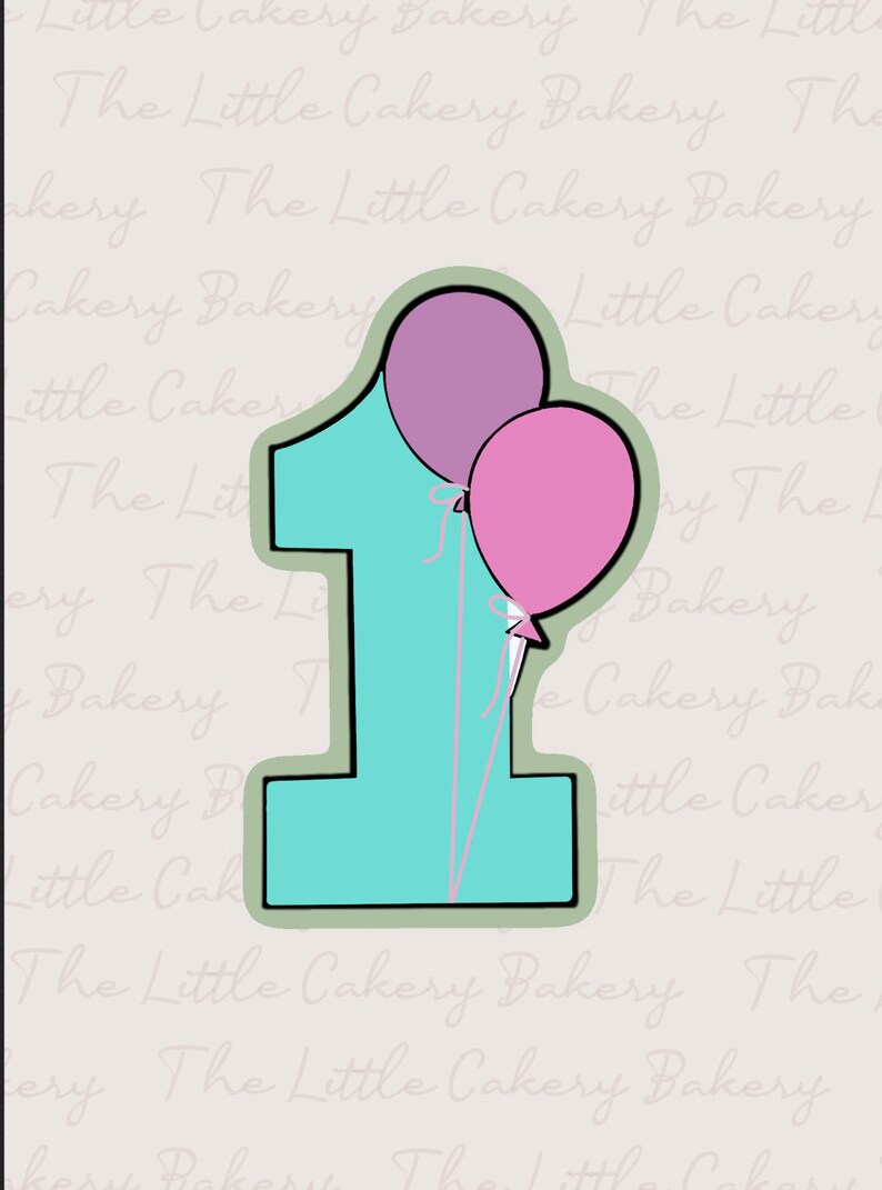 May include: A turquoise blue number one cookie cutter with two balloons attached. The balloons are purple and pink.