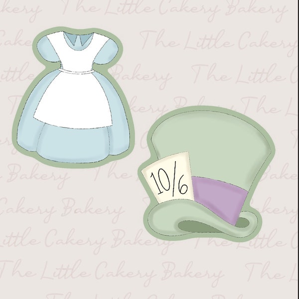 Alice Dress and Mad Hatter Hat Set of Two Cookie Cutters with Embossed Label, Sharp Cutting Edge, and Smooth, Rounded Handle