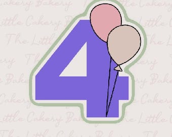 Number 4 Balloon Cookie Cutter with Embossed Label STL (Digital Download)