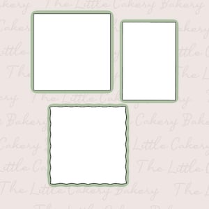 May include: Three cookie cutters with white interiors and green outlines. The shapes include a square, a rectangle, and a square with a scalloped edge. The background is a light pink color with the words "The Little Cakery Bakery" in a script font.