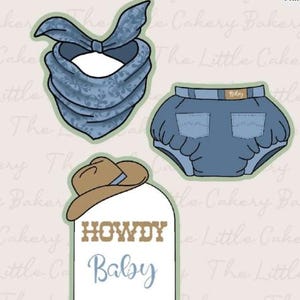 STL Instant Digital Download- Howdy Baby Cookie Cutter Set of 3 Western Cookie Cutters with Embossed Label, Cutting Edge, and Rounded Handle