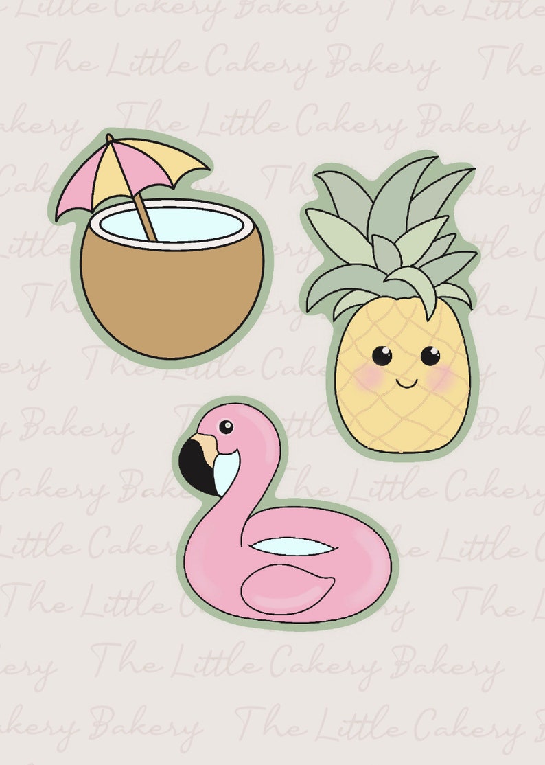 May include: Three summer-themed cookie cutters: a pink flamingo with a blue inner tube, a yellow pineapple with a green top, and a brown coconut with a blue drink and a pink and yellow umbrella.