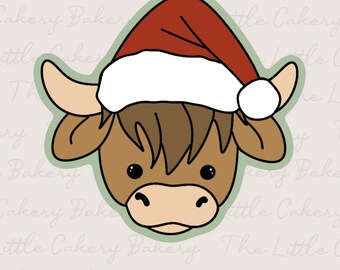 Holiday Highland Cow Cookie Cutter, Christmas Cookie Cutter with Embossed Label and Smooth Rounded Handle