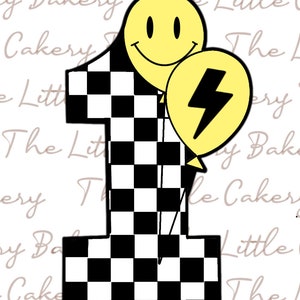 May include: A black and white checkered number one with a yellow smiley face balloon and a yellow lightning bolt balloon.