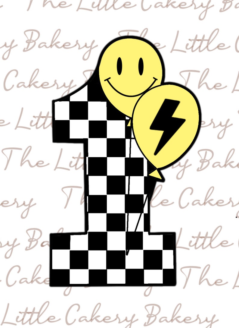 May include: A black and white checkered number one with a yellow smiley face balloon and a yellow lightning bolt balloon.