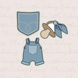 May include: A set of three baby-themed cookie cutters. The cutters include a pocket, a pacifier with a bow, and a pair of overalls. The shapes are light blue with white stitching and accents.