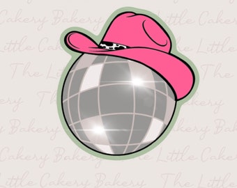 STL Instant digitale download: discobal met cowboyhoed koekjes uitsteker met reliëflabel, scherpe snijkant en glad afgerond handvat