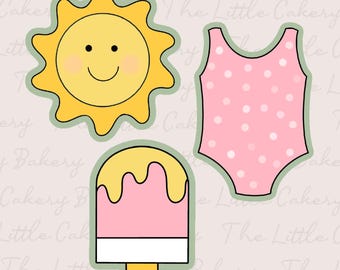 Summer Cookie Cutter Set: Sun, Swimsuit, Popsicle - Embossed Label