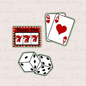 May include: Casino-themed illustrations including a slot machine with "Twenty One" text and triple sevens, playing cards with a Queen of hearts and Ace of hearts, and two dice. The images have a white background with a light green border.