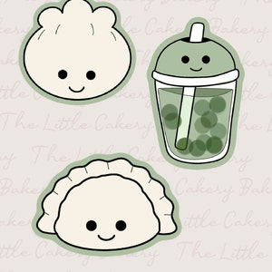 Könnte beinhalten: Drei Cartoon-Lebensmittel-Aufkleber: ein weißes Bao-Brötchen, ein grüner Boba-Tee mit Strohhalm und eine weiße Teigtasche. Alle drei haben schwarze Umrisse und lächelnde Gesichter.