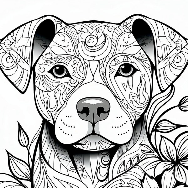 Floral Pittie Puppy Coloring Page