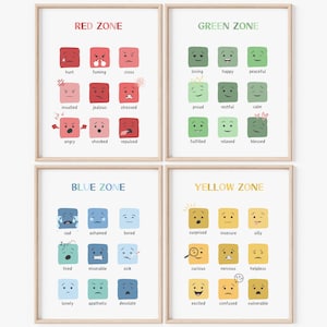 May include: Four colourful charts with different coloured squares, each containing a different facial expression. The charts are labelled "Red Zone", "Green Zone", "Blue Zone", and "Yellow Zone". Each zone has a different colour scheme and represents different emotions.