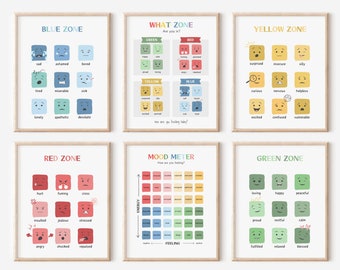 Set Of 6 Zones of Regulation Posters, Classroom Decor, Feelings Chart, Classroom Posters, Self-Regulation Coping Skills, School Counselor