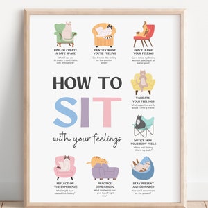 Sit With Your Feelings Poste, School Counselor, Therapy Office Decor, Feelings, Self Regulation, Positive Self Talk, CBT DBT,  Mental health