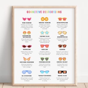 May include: A framed print displaying "Cognitive Distortions" with colourful text and sunglass illustrations. The print details cognitive distortions with descriptions, such as mind-reading and catastrophizing.