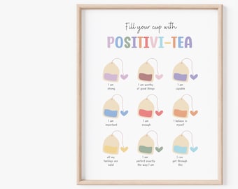 Affiche de thé Positivi, impression d'affirmation de soi positive, émancipation personnelle monologue intérieur positif, autorégulation, cabinet de thérapie, santé mentale