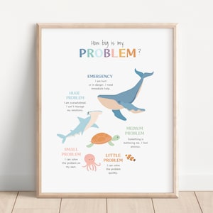 Peut inclure: Un tableau coloré avec une baleine, un requin, une tortue, une pieuvre et un poisson clown. Le tableau est intitulé "How big is my PROBLEM?" et décrit différentes tailles de problèmes, d'un problème énorme à un petit problème.