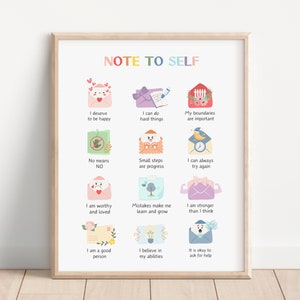 Może przedstawiać: Drukowany plakat z tekstem "Note to Self" i 12 kolorowymi kopertami z pozytywnymi afirmacjami. Każda koperta ma małą ilustrację i wiadomość, np. "Zasługuję na szczęście", "Potrafię robić trudne rzeczy" i "Jestem wartościowy i kochany".