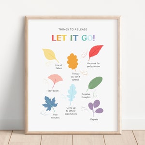 May include: A framed print with the words "LET IT GO!" in rainbow colors. The print features colorful leaf illustrations representing things to release, including fear of failure, self-doubt, and negative thoughts. The print is in a light wood frame.