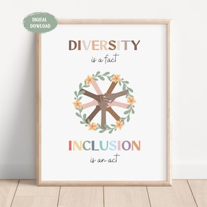 May include: A printable poster with the text "DIVERSITY is a fact" and "INCLUSION is an act" in colourful letters. The poster features a circle of hands of different skin tones holding each other, surrounded by green leaves and yellow flowers.
