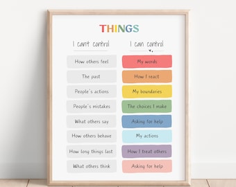 May include: A printable chart with the title "THINGS" and two columns: "I can't control" and "I can control". The chart lists things that are outside of our control, such as how others feel, and things that are within our control, such as our words and actions.