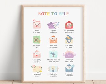 Note To Self Poster, Emotional learning, art, School Counselor poster, Calming corner poster, CBT DBT, Therapy office decor, Mental health