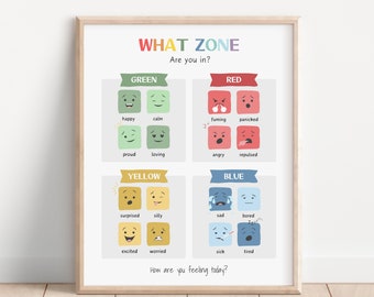 Zones of Regulation Poster, Calm Corner, Classroom Decor, Feelings Chart, Classroom Decor, Self-Regulation, Mental health School Psycologist