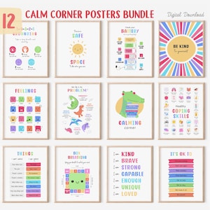 Könnte beinhalten: Ein Bundle von 12 gerahmten Postern mit Themen für die ruhige Ecke. Die Poster zeigen farbenfrohe Illustrationen und Texte, darunter "Grounding", "Feelings" und "Healthy Coping Skills". Der Text "Calm Corner Posters Bundle" steht oben.