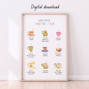 May include: A printable poster with a colorful illustration of teacups and positive affirmations. The text reads "Have a cup of Positivi-Tea" and includes phrases like "You are strong", "You are worthy of good things", "You are capable", "You are perfect exactly as you are", "You are enough", "Believe in yourself", "All of your feelings are valid", "You are important", and "You can get through anything".