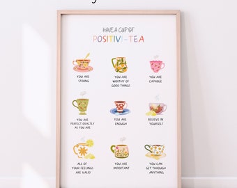 Affiche de thé Positivi, impression d'affirmation de soi positive, émancipation personnelle monologue intérieur positif, autorégulation, cabinet de thérapie, santé mentale