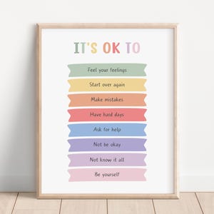 以下が含まれることがあります： 「It's OK To」というテキストと、カラフルなバナーで書かれた肯定的な言葉のリストが書かれた印刷可能なポスター。リストには、「自分の気持ちを理解する」「やり直す」「間違いを犯す」「辛い日もある」「助けを求める」「うまくいかないこともある」「すべてを知る必要はない」「自分らしくいる」などが含まれています。
