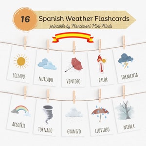 Vocabulaire météo espagnol, 16 cartes Montessori, nomenclature des cartes météo, PDF cartes flash, cartes imprimables, météo préscolaire