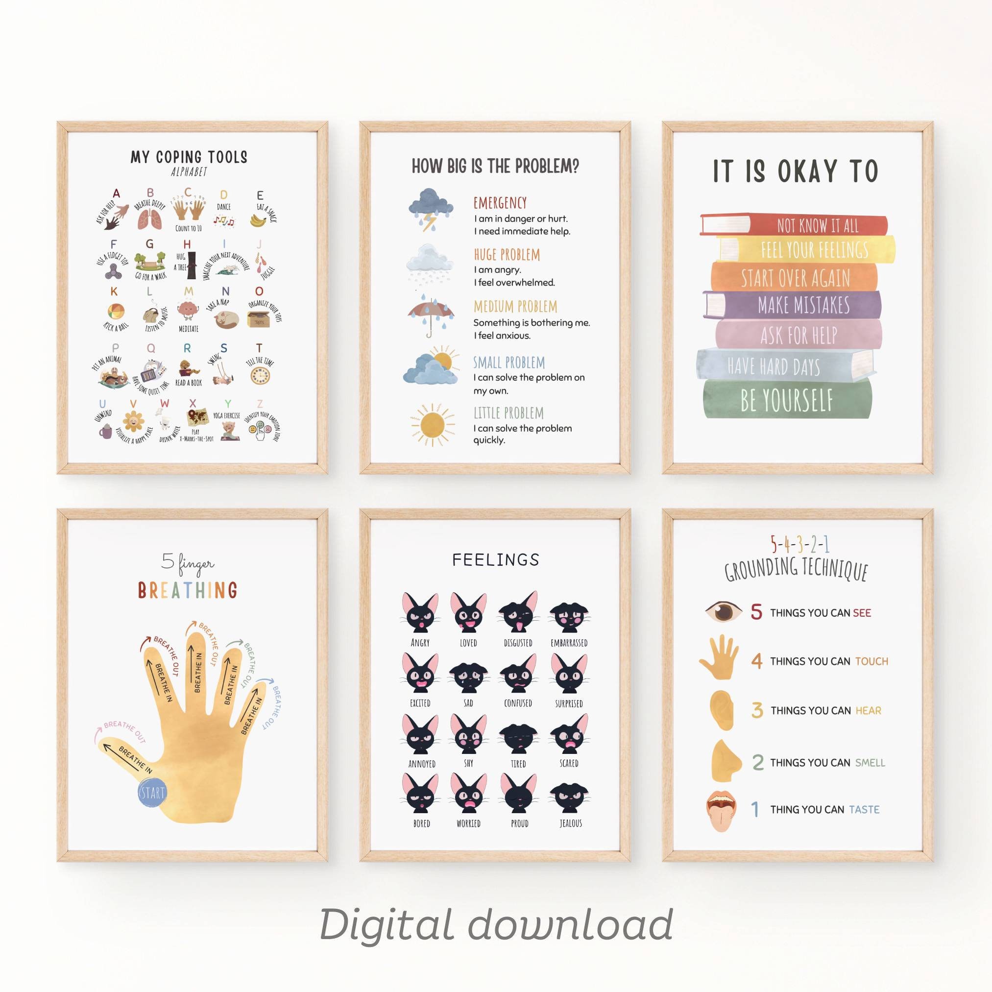 Set of 6 Calming Corner Posters, Printable Feelings chart, Coping Techniques Wall Art for Kids, Calm Down Skills, Classroom Management Print