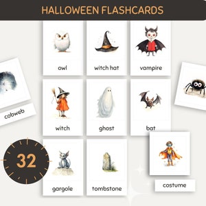 Vocabulaire HALLOWEEN, 32 cartes Montessori, nomenclature des cartes Flash, PDF cartes Flash, cartes imprimables Montessori, préscolaire