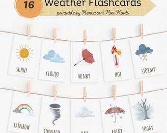 WEATHER Vocabulary, 16 Montessori Cards, Weather Flash Cards Nomenclature, FlashCards PDF ,Printable Cards Montessori, Weather Preschool