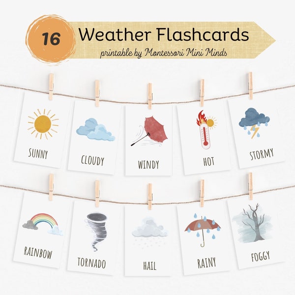 WEATHER Vocabulary, 16 Montessori Cards, Weather Flash Cards Nomenclature, FlashCards PDF ,Printable Cards Montessori, Weather Preschool