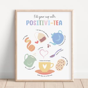 Puede incluir: Un póster imprimible con un fondo azul claro y el texto "Fill your cup with POSITIVI-TEA" en colores arcoíris. El póster presenta ilustraciones de tazas de té, bolsitas de té, galletas y una tetera con afirmaciones positivas que las rodean.