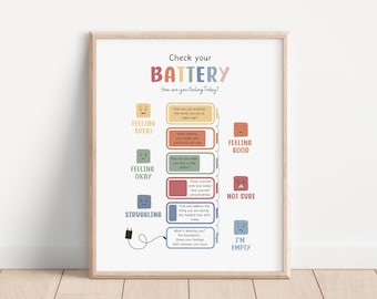 Check Your Battery Poster: Zones Of Regulation, Calming Corner, Feelings Therapy Office, Mental Health