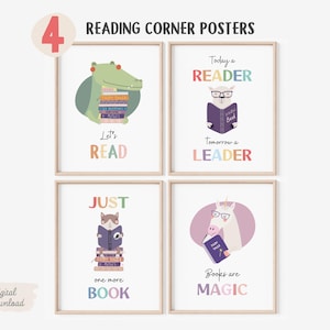 Puede incluir: Cuatro carteles imprimibles con ilustraciones coloridas de animales leyendo libros. Los carteles presentan el texto "Let's Read", "Today a Reader Tomorrow a Leader", "Just One More Book", y "Books are Magic".