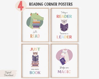 Kids Reading poster, Reading Corner Poster, Let&#39;s Read, Books Are Magic Print, Boho Classroom Decor,  Playroom Books Wall Art, Nursery Print