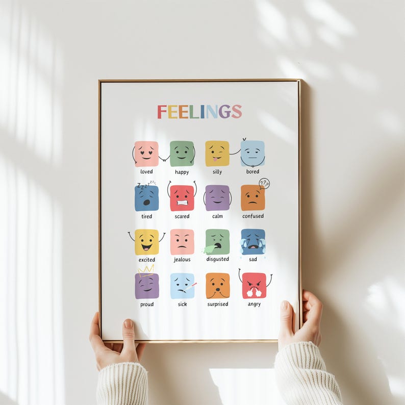 May include: A colorful chart with the word "FEELINGS" at the top. Each square features a cartoon face with a different emotion, such as happy, sad, tired, and scared. The words below each square describe the emotion.