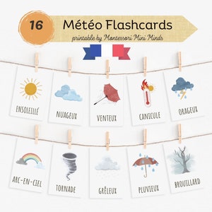 French Weather Vocabulary, 16 Montessori Cards, Weather Flash Cards Nomenclature, FlashCards PDF ,Printable Cards Montessori, Preschool Card