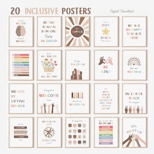 20 inkluderande posters, inkluderande klassrumsdekor, mångfald, jämställdhet, trygg plats, tryck, socialarbetare, skolkurator, positiva affirmationer