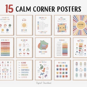 May include: Fifteen framed posters with calming strategies for children. The posters feature colorful illustrations and text, including "Calm Corner Posters," "Grounding," "Check In," and "Be Kind to Yourself." The posters are designed for a child's room.